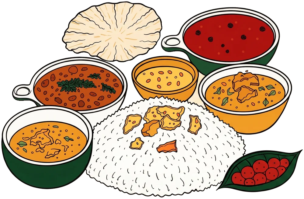 Illustration of a South Indian banana-leaf sadya spread — rice, sambar, rasam, curries and papadum